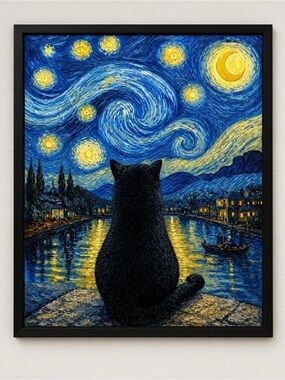 Framed 8x10 ‘Starry Night Cat' Wall Art